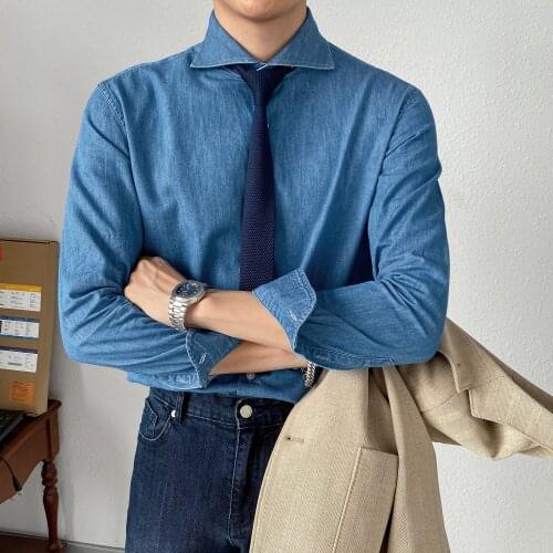 2021 Men Korean Fashion Denim Shirt Long Sleeve Male Solid Color Casual Shirts Mens Formal Wear Men Shirts Slim Fit Blouse O272