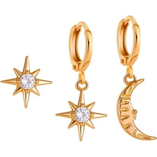 Sun Star Moon Earrings Crystal Asymmetric Stud Earrings For Women Earing Jewelry Gold Color Earring Fashion Set Earings Kolczyki