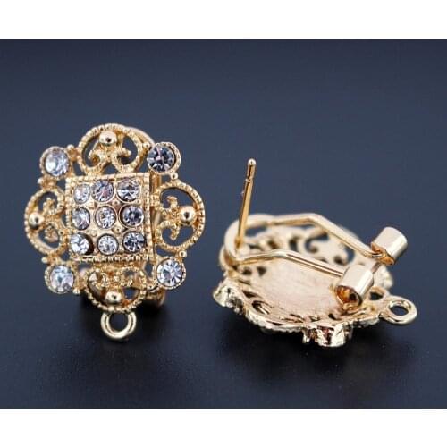 Clip Earrings Post with Loop Hanger Connector Metal Filigree Paved Rhinestone DIY African Women Wedding Earrings Making Findings
