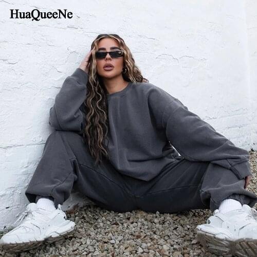 Tracksuit Women Elegant Solid Sets Female Warm Hoodie Sweatshirts And Long Pant Fashion 2 Pieces Sets Oversized Sweatshirt Suits