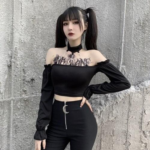 Mall Goth Sexy Chain Halterneck Crop Top Y2K Gothic Off Shoulder Backless Body Camis Egirl Punk Urban Women Summer Alt Clothes