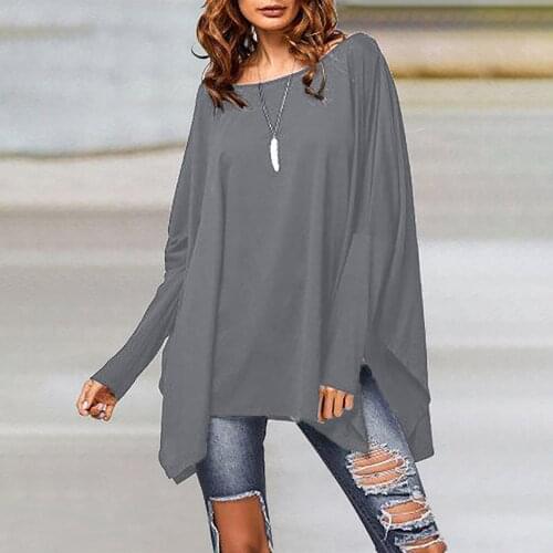 40#Women Blouses Solid Bat Shirt Irregular Long Sleeve O-Neck Plus Size Tops Elegant Shirts Spring Pullover Tops рубашка женская