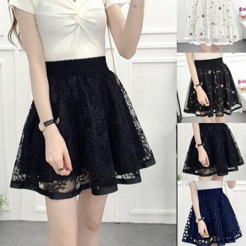 Women Pleated Mesh Lace Skirt Summer Black Floral High Waist Mini A-Linet With Security Pants Elegant All-Match Casual Skirt