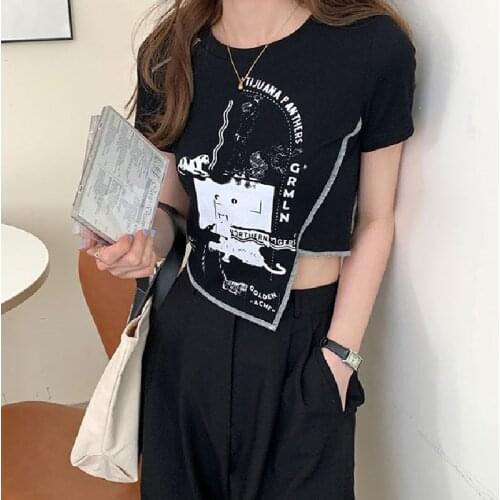 Casual Crop Top Women Summer 2021 Korean Style Streetwear Letter Print Asymmetrical Round Neck Short Sleeve Cotton T Shirt T627