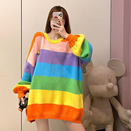 Women 2021 Autumn Fashion Rainbow Striped Sweater Tops Female O-neck Loose Clothes Pullovers Ladies Chic Knitted Tops Y382