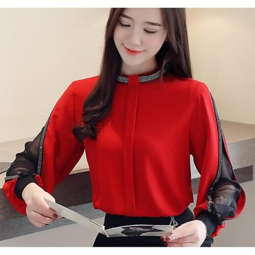Women Tops Splice Chiffon Diamonds Blusa New Sexy Transparent Chiffon shirt Elegant Stand collar Plus Size Long Sleeve 834G