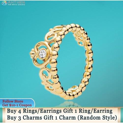 Ahthen 925 Sterling Silver Ring Princess Golden Crown Ring Original Women Rings Ngagement Rings Women Jewelry Making Girl Gift