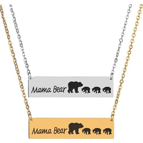 Mama Bear Rectangle Tag Engraved Polar Bear Stainless Steel Pendant Necklace Animal Mother Kids Love Necklace Children Jewelry