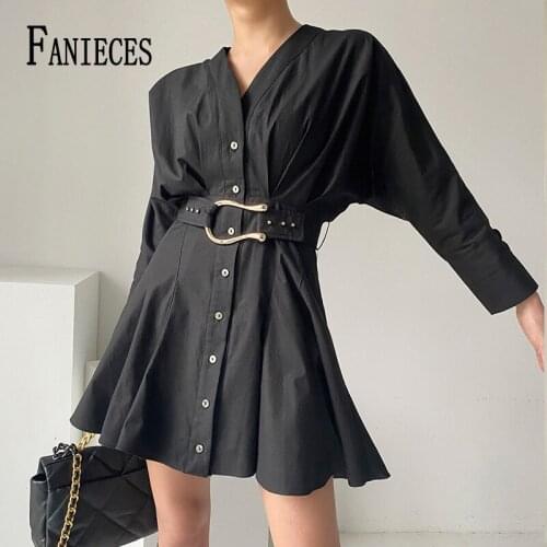 FANIECE Women Black White Single Breasted Long Sleeve Dress With Belt High Waist Mini Dresses Elegant V Neck Vestidos De Fiesta