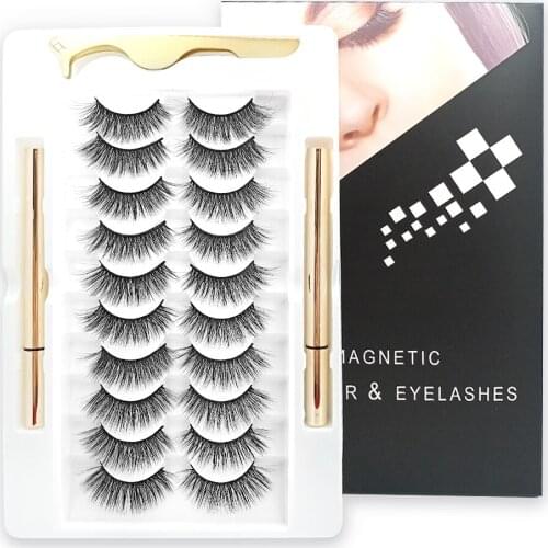 10 Pairs Faux Cils Mix False Eyelashes Non Magnetic Eyelashes and Liquid Eyeliner Set Tweezer Lashes Eyelash Extension Makeup