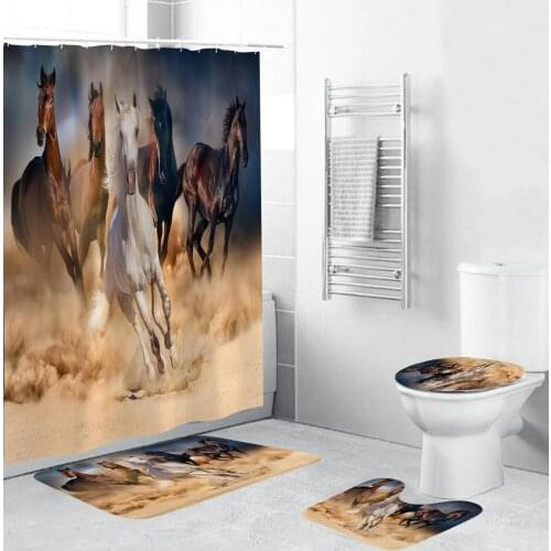 4 Piece Horse Print Polyester Shower Curtain Carpet Cover Toilet Lip Cover Bath Mat Pad Set Animals Bathroom Curtain Set Hooks