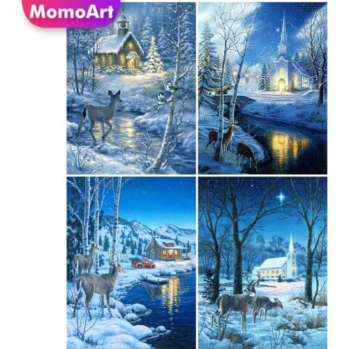 MomoArt Diamond Embroidery Sika Deer Cross Stitch Kits Diamond Painting House Full Drill Square Landscape Mosaic Decor For Home
