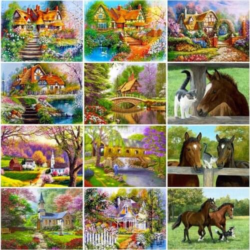 Diamond Painting Still Life Brown and Black Horses In The Horse Stables Beautiful Forest Hut Scenery Colorful Trees Decor Poster