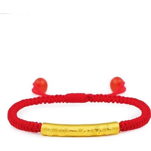 New Arrival Real 24k Yellow Gold Unisex Luck Six-word Motto Red Weave Bracelet