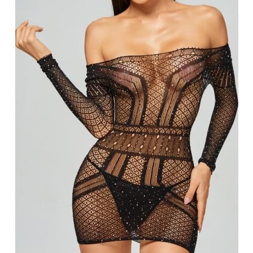 IR-CKERT 2021 Sexy Fishnet Black Perspective Dress For Women Midnight Sleepwear Sheer Rhinestone Off-shoulder Hot Mini Dresses