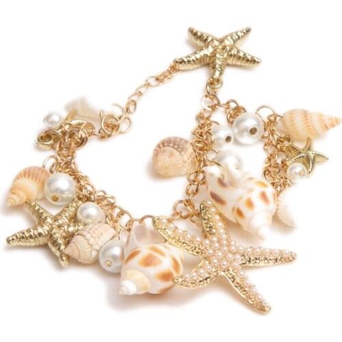 Hot sell High Quality Ocean Style Multi Starfish Sea Star Conch Shell Simulated-Pearl Chain Beach Bracelet Bangle Novelty