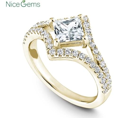 NiceGems 14K 585 Yellow Gold Princess Cut Center 2 Carat D Color Moissanite Engagement Ring with Accents for Women