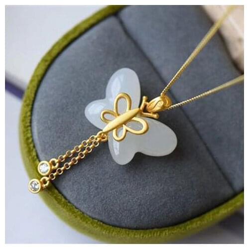Natural Hetian White Jade Butterfly Tassel Pendant Necklace Chinese Style Retro Light Luxury Craft Charm Womens Silver Jewelry