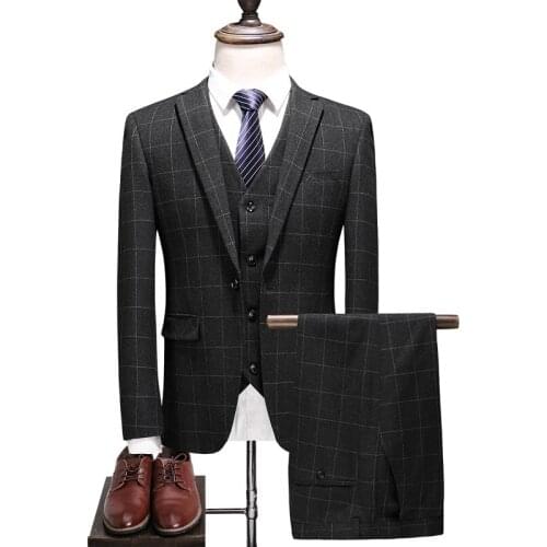 Jacket + Vest + Pants ) Gray Blue Plaid Suit Mens High-end Brand Plaid Suit Three-piece Suit Groom Wedding Dress Blazer
