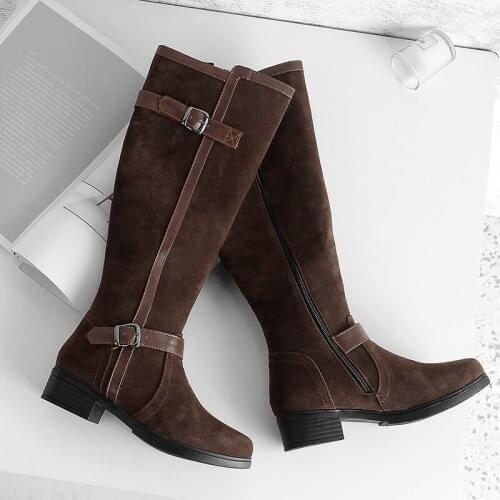 Fashion autumn winter Knee High Women Boots Square High Heel Round Toe Platform buckle Ladies Boots 33-43 Lady Botines Mujer