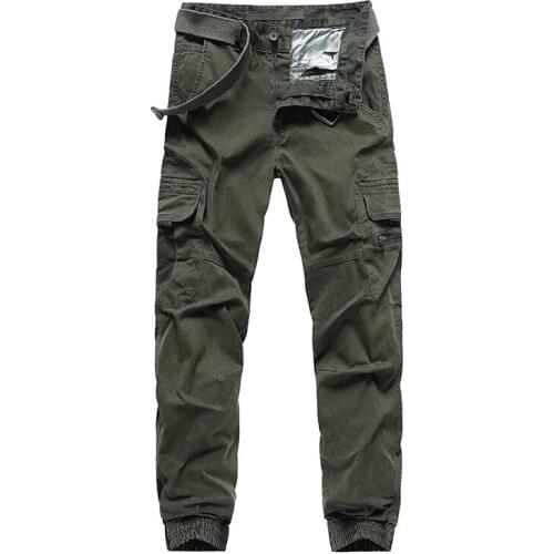 Causal Pants Mens Cargo Trousers Cotton Jogger Military Multi Pockets Cargo Pants Men Full Length Drawstring Solid Color Trouser