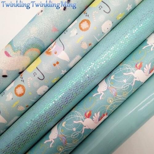 BLUE Glitter Fabric, Patent leather, Unicorn Printed Synthetic Leather Sheets For Bow A4 21x29CM Twinkling Ming XM016G