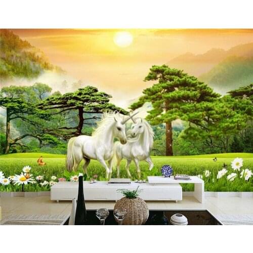 Modern minimalist living room forest landscape welcoming pine white unicorn horse decorative painting background wall painting