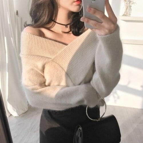 QingWen Autumn Winter Sweater Women Korean Fashion Sexy V-neck Off-the-shoulder Furry Pullover Knit Outerwear Pull Femme Tops