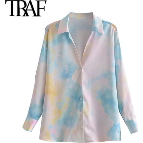 TRAF Women Fashion Tie-Dye Print Loose Cozy Blouses Vintage Long Sleeve Button-up Female Shirts Chic Tops