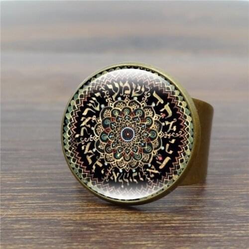 Vintage Bronze Ring Mandala Flower Art Glass Dome Ring India Yoga OM Symbol Rings for Women jewelry Adjustable S5010