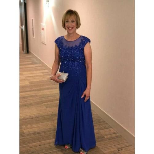 Vintage A-Line O-Neck Long Lace Mother of the Bride Dresses Royal Blue Chiffon Floor Length Wedding Party Dress for Women