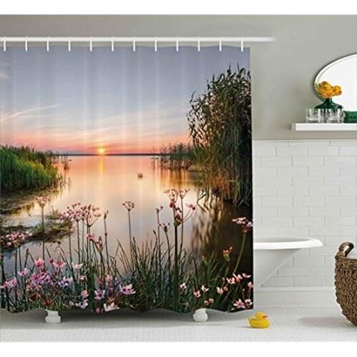 Shower Curtain Sunset At Lake Estonia View Spring Flowers Landscape Photo Fabric Bath Curtains Shower Curtain Curtains