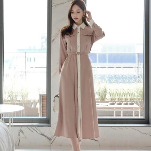 ZAWFL 2020 new women fashion clothing turn-down collar full sleeves contrast colors single breasted long shirt dress
