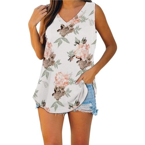 Women Summer V-Neck Sleeveless Tank Tops Blouse Ladies Casual All-match Lovely Soft Comfortable Flowers Stripes Printing T-Shirt