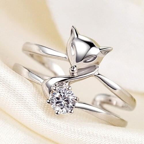 Women Fashion Jewelry Personality Cute Zircon Double-deck Fox Opening Adjustable Rings Pretty Gift