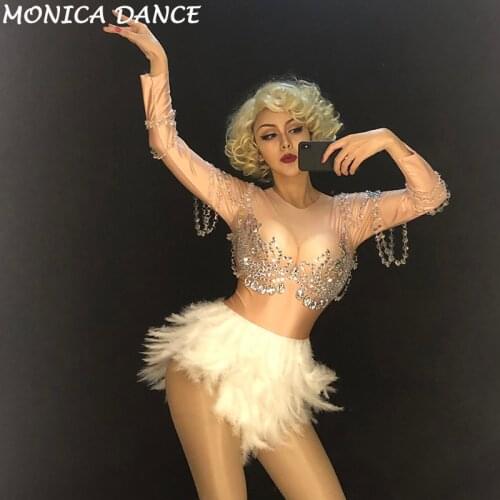 Women Sexy Stage Bodysuit Short White Feather Nightclub Birthday Party Jumpsuit Glass Silver Big Sparkling Crystals Bodysuit