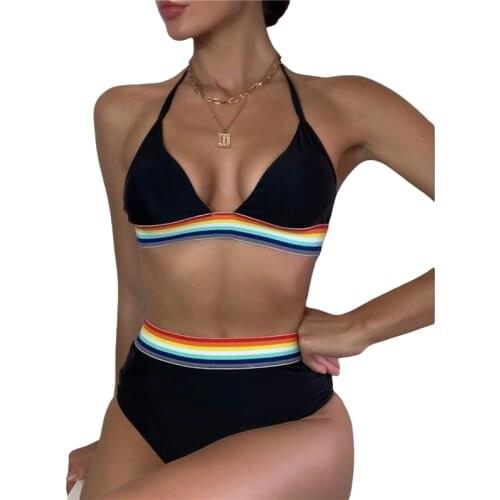 2021 Women Swimsuit Neck-Hanging Bikini Off-Shoulder Sleeveless Push Up Drawstrings Rainbow Beachwear High Waist Briefs Biquini