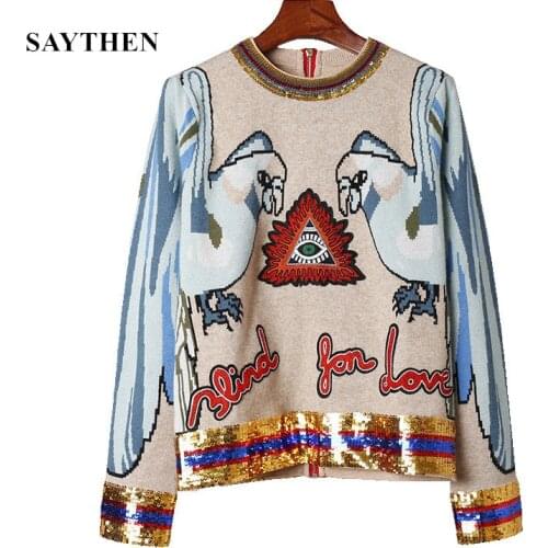 SAYTHEN 2021 Autumn Winter Runway Embroidery Sequined Knitting Sweaters Fashion Parrot Jacquard Long Sleeve Neck Women Pullover