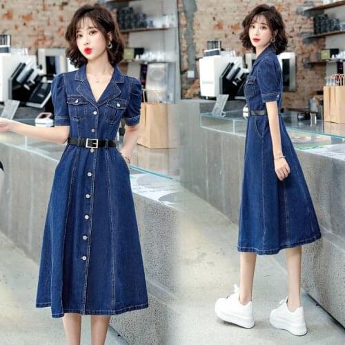 Summer Women Denim Dress 2021New Fashion Female Slim Single-Breasted With Belt Jeans Casual Dress Ladies Dresses Vestidos T35