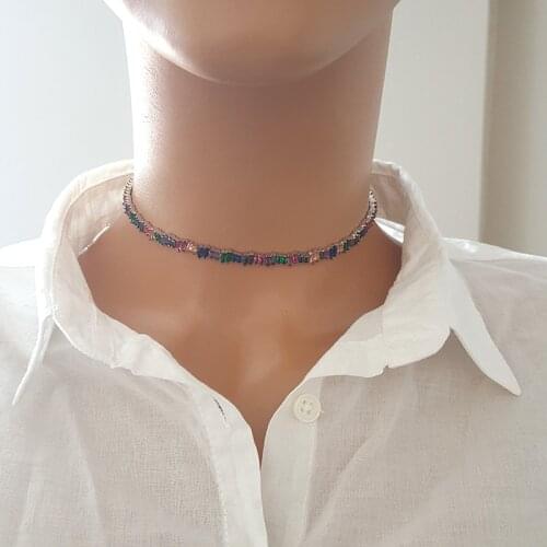 Choker Women Necklace Multicolor Baquette Women Choker 925 Sterling Silver Made in TURKEY