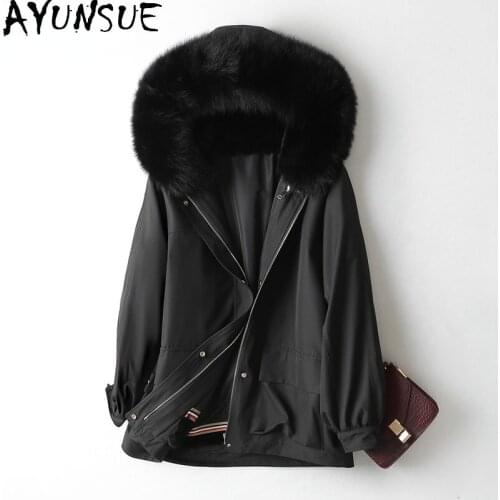 AYUNSUE Womens Fur Coat Warm Real Rex Rabbit Fur Liner Parkas Autumn 2021 Hooded Fox Fur Collar Jackets Casaco Feminino Gxy485