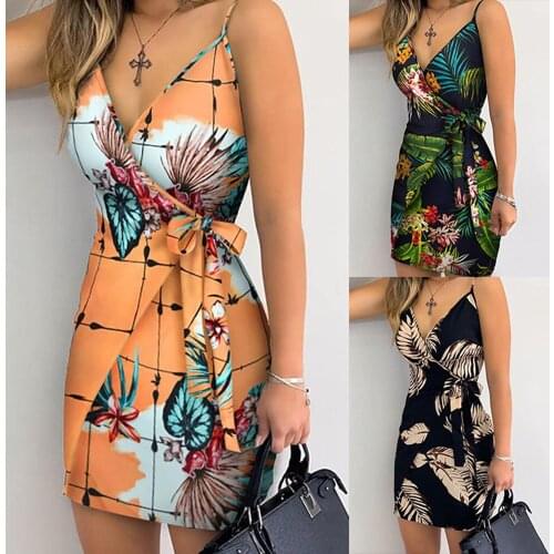 Sexy Deep V-neck Spaghetti Mini Dress Summer Sleeveless Print Lace Up Dresses For Women 2021 Boho Backless Bodycon Robe Femme