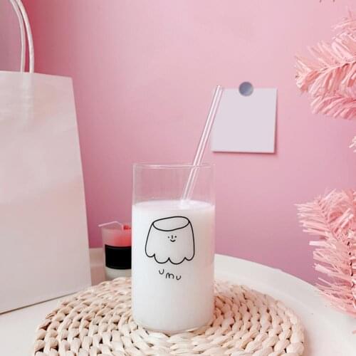 1 Set Glass Cup Simple Fashion Stable Cartoon Transparent Drink Bottle with Straw