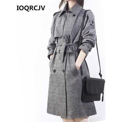 2019 Autumn Double Breasted Mid-long Trench Coat Women Slim Belt Cloak Mujer Windbreaker Female Casual Houndstooth Outwear R151