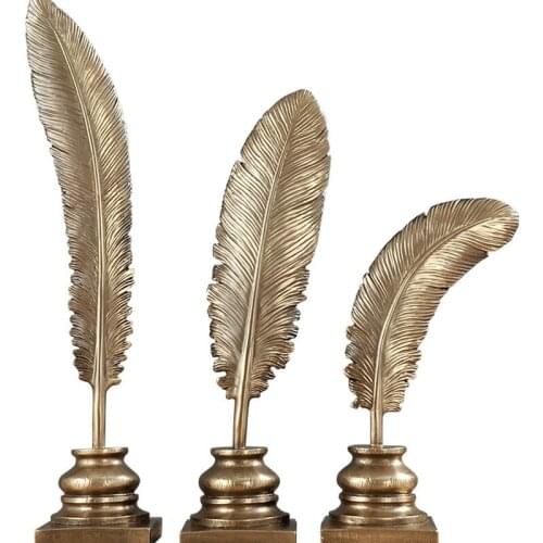 3PCS/SET FEATHER SHAPE STATUE COLD CAST COPPER LEAF ART FIGURINES RESIN CRAFT EUROPEAN HOME DECORATION ACCESSORIES R1491