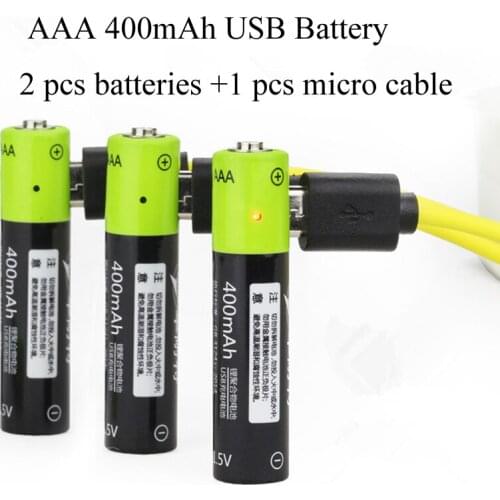 SORAVESS 2PCS AAA Lipo Lithium Polymer 400mAh Battery ZNTER Rechargeable 1.5V With Micro Cable Cell For Camera Toys Batteries