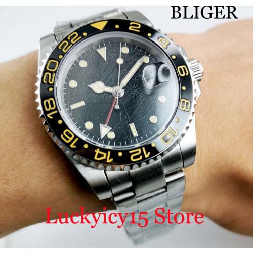 Automatic Men Wristwatch BLIGER New Sapphire Glass Nologo Dial Ceramic Bezel Mental Strap GMT Date Function