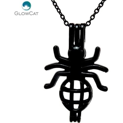 H546 Black Plated 35mm Insect Spider Beads Pearl Cage Necklace 18" Steel chain Aroma Essential Oil Diffuser Locket
