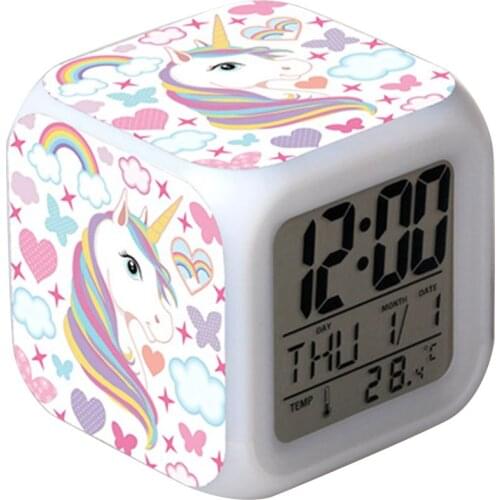 Childrens Alarm Clock 4-sided Unicorn Pattern And 7 Kinds Of LED Luminous Wake-up Bedside Clock Unicorn Room Decoration
