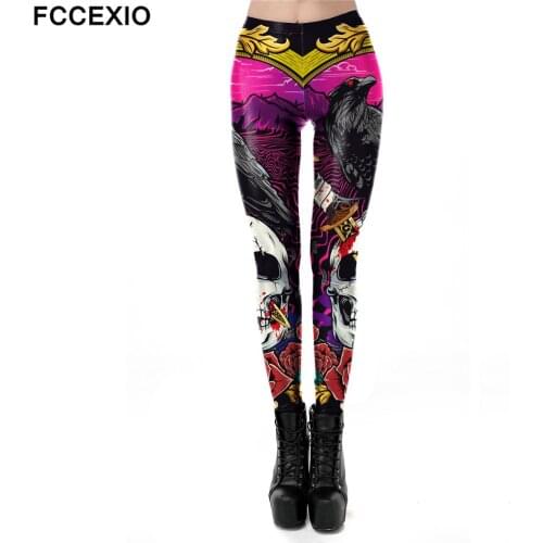 FCCEXIO Skull Rose 3D Printed Halloween Tight Leggings Sports Women Fitness Sexy Skinny Leggins Pant Women Party Long Pants